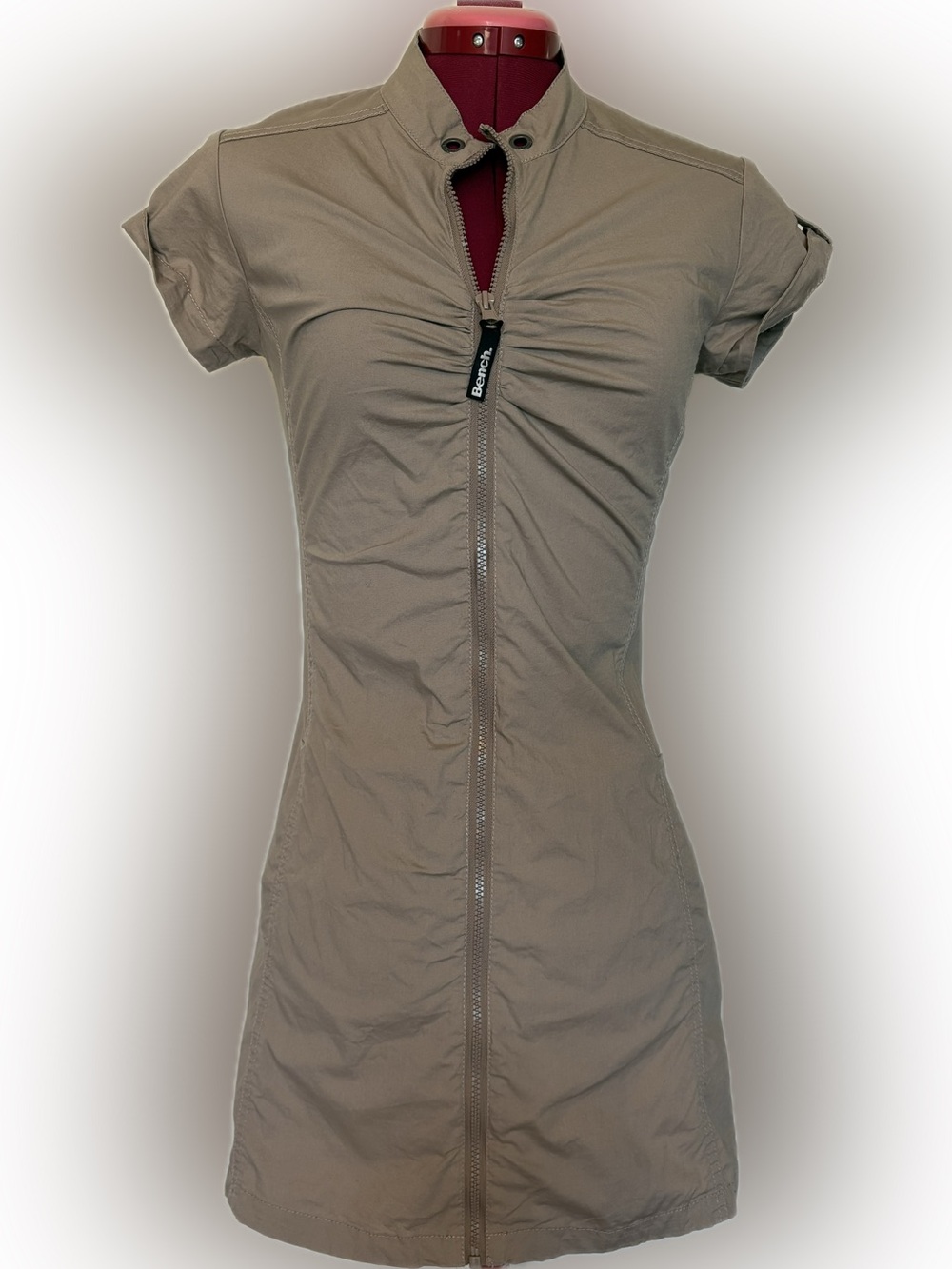 Bench Khaki Tan Utility Full Zip Ruched Short Sleeve Mini Dress